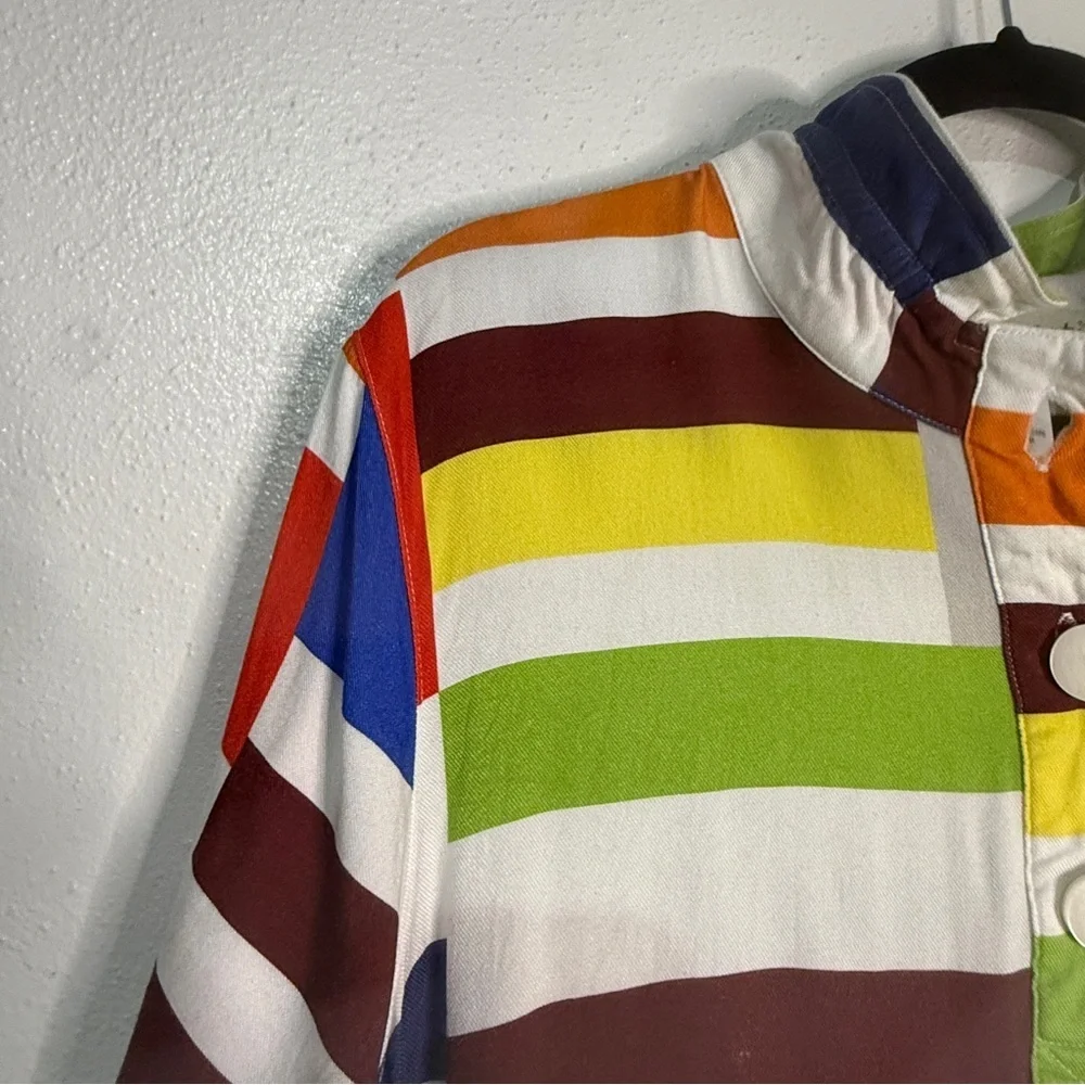 A La Carte Colorful, Casual Button-Up Tunic-Style Blouse. Flexible Collar. Sz L.